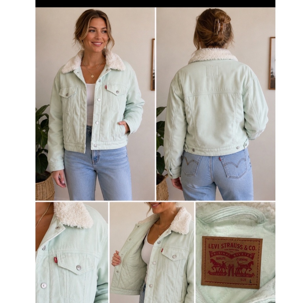 Levis Womens Mint Green Corduroy Sherpa Collar Trucker Jacket Large‎ L Quilted